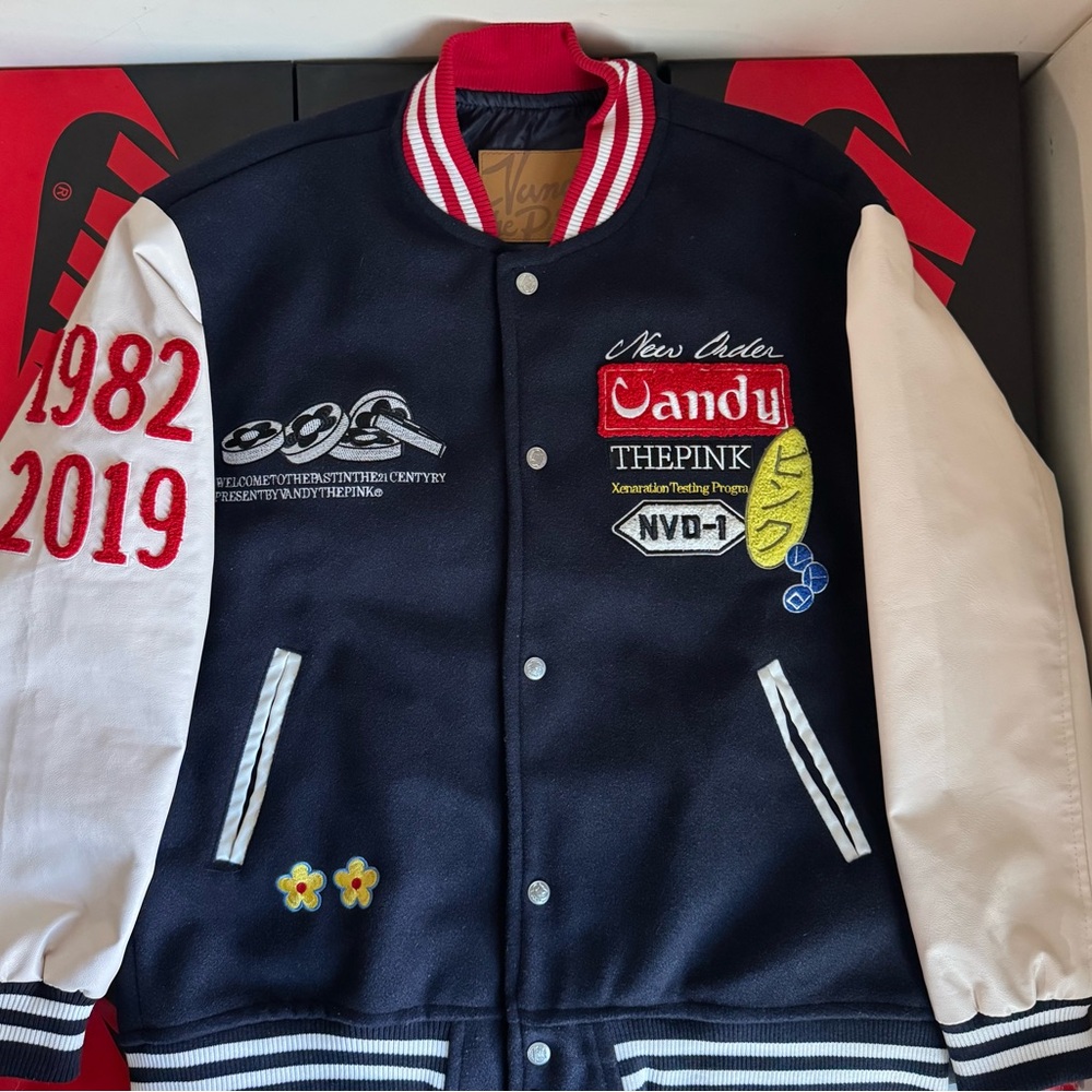 Navy and White Varsity Jacket with Embroidered Patches